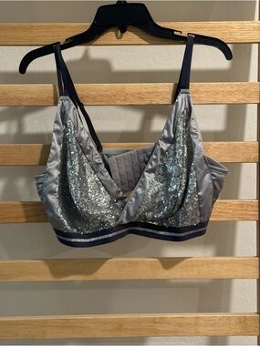 Cacique Silver Sequin Satin Bralette with Navy Trim